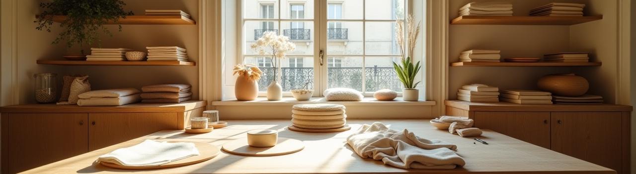 Vue chaleureuse d'un atelier d'artisanat avec des matières naturelles, évoquant l'élégance et le confort de Nid de Coton.